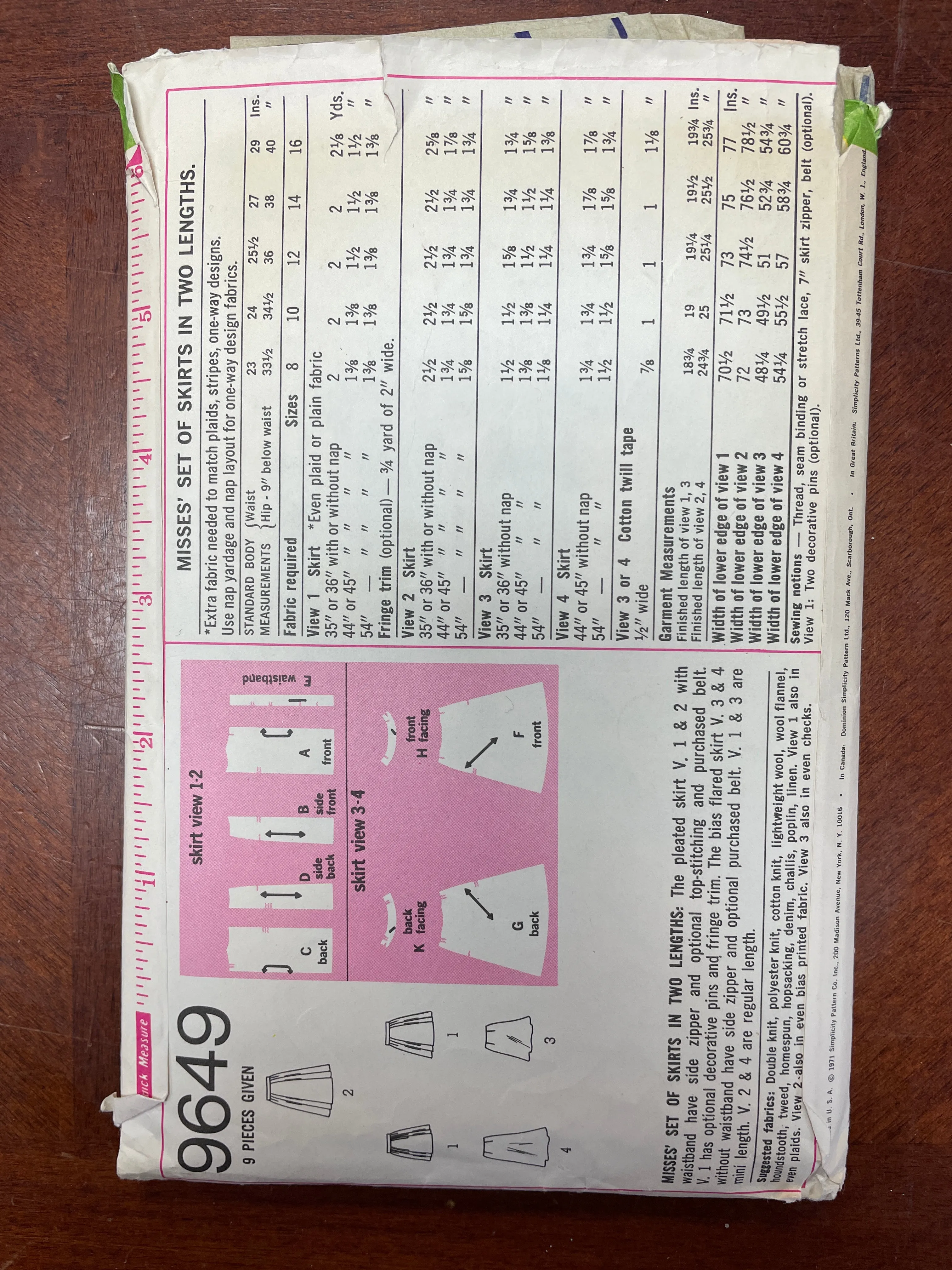 1971 Simplicity 9649 Sewing Pattern - Skirt