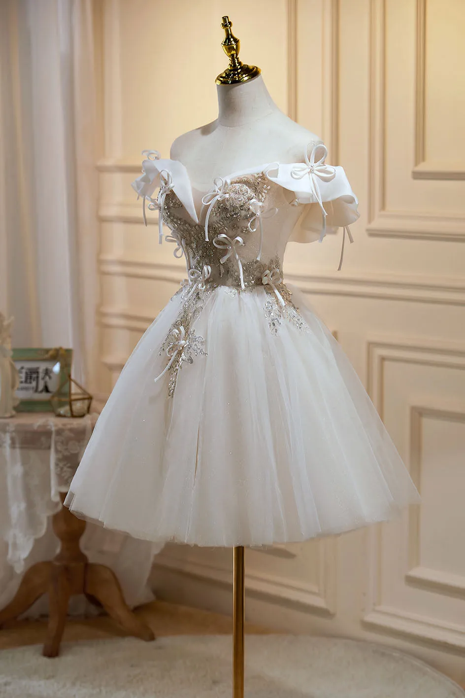 A Line Off the Shoulder Tulle Homecoming Dress with Beading, Sparkly Hoco Dress UQH0132