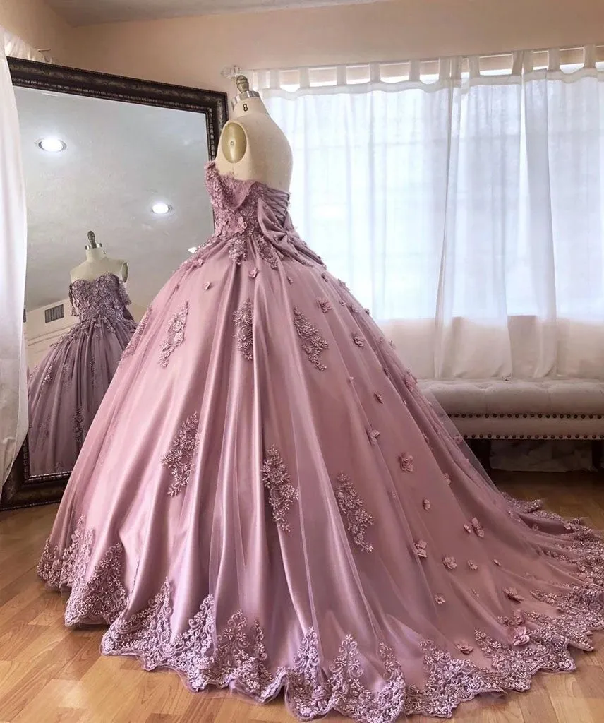 Ball Gown Off the Shoulder Tulle Quinceanera Dress with Lace Appliques, Puffy Prom Dress UQ2529
