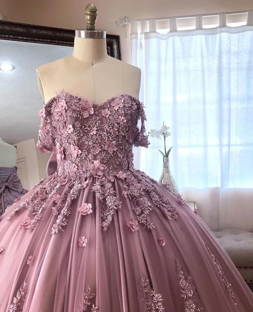 Ball Gown Off the Shoulder Tulle Quinceanera Dress with Lace Appliques, Puffy Prom Dress UQ2529