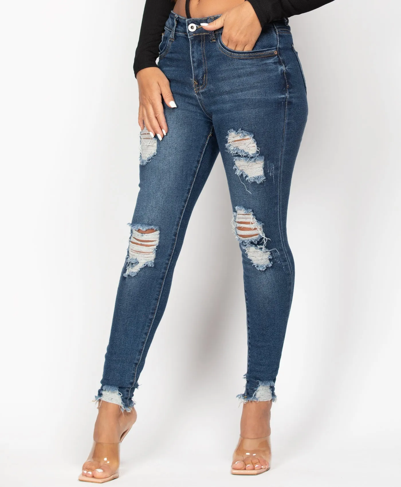 Denim Blue Classic Ripped High Waisted Frayed Hem Jeans