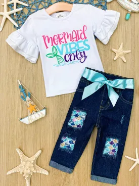 Girls "Mermaid Vibes Only" Ruffle Top and Patched Jeans Set with Sash Girls "Mermaid Vibes Only" Ruffle Top and Patched Jeans Set with Sash